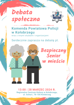 plakat dot. debaty społecznej, na środku rysunek dwóch starszych osób